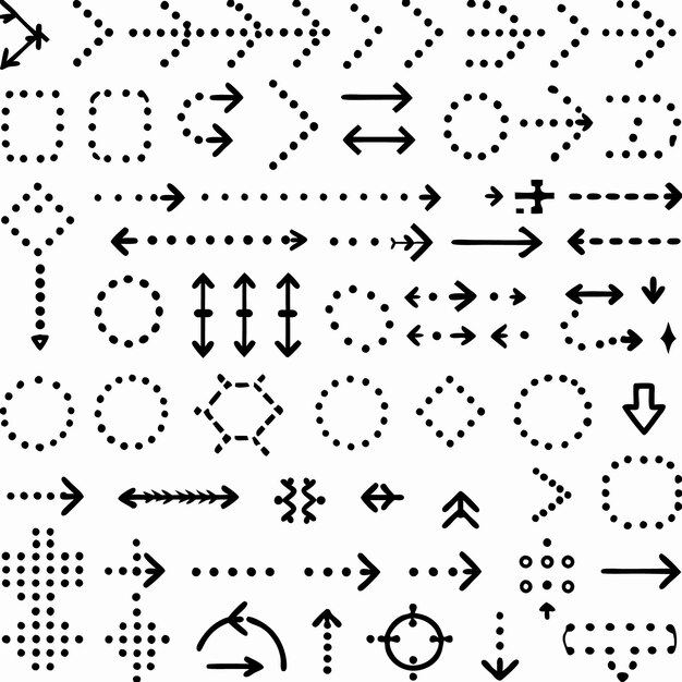 A collection of black dotted arrows directional symbols and geometric shapes on a white background