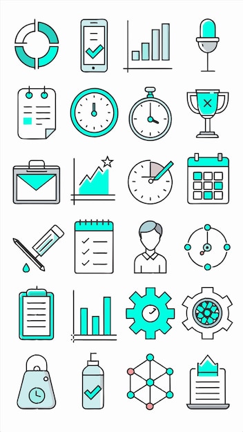 a collection of business icons including a clock a clock and a graph