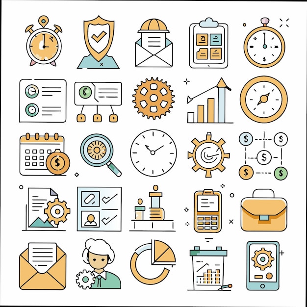 a collection of business icons including a clock clock and clock