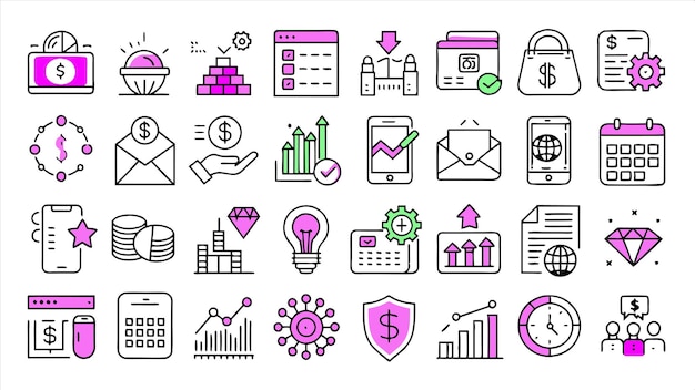 a collection of business icons including one that has the word financial on it