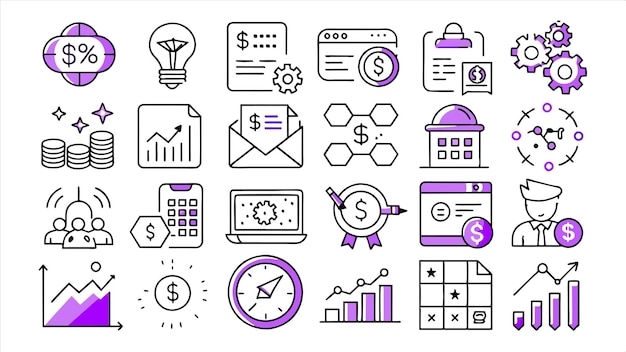 a collection of business icons including one that has the word financial on it