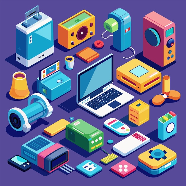 a collection of colorful electronics including one that has a blue background