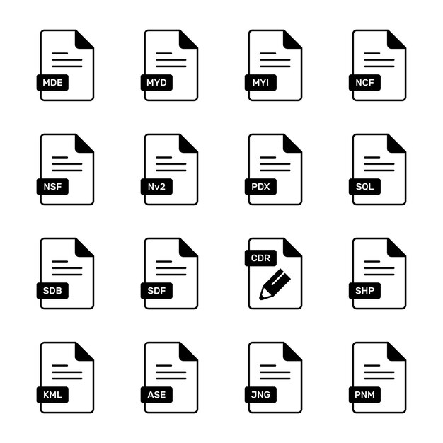 A collection of colorful flat icons representing different file types