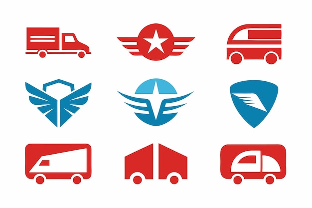 a collection of different logos including red and blue trucks