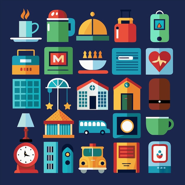 a collection of different things including a clock a train and a clock