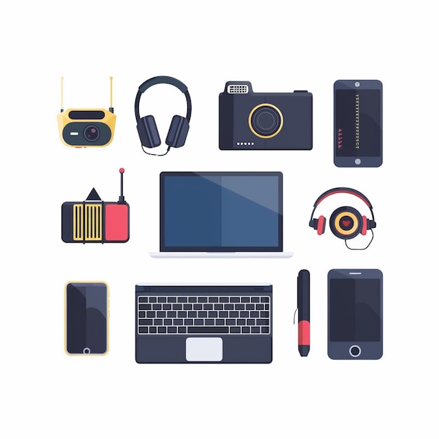 a collection of electronic devices including a camera headphones and a camera