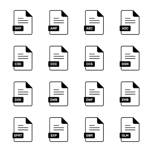 A collection of flat colored vector icons representing different file formats