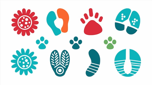 a collection of foot prints including a blue and green foot print