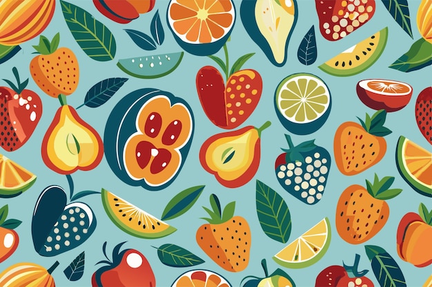 a collection of fruits and berries on a blue background