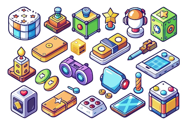 A collection of isometric game assets including icons for a game interface UI or levels