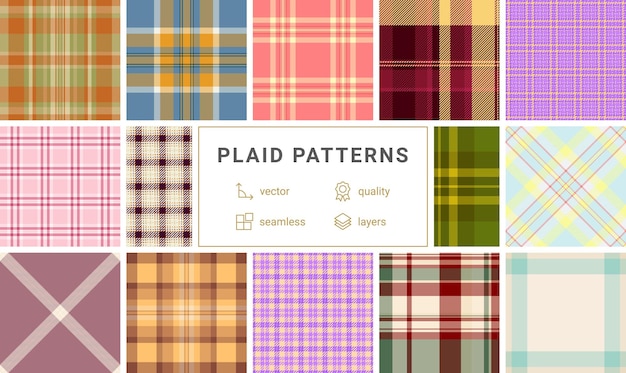 A collection of plaid patterns with colorful checks ideal for textile fabric clothing or celticinspired backgrounds