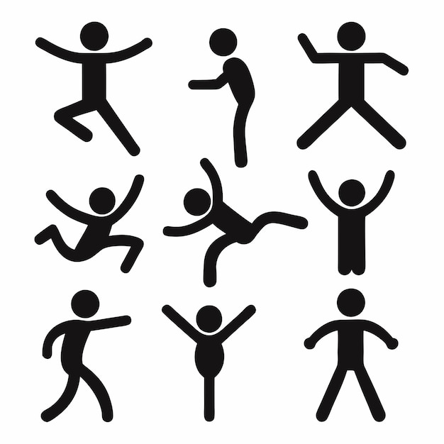 a collection of simplified black stickfigure icons representing various dynamic poses and gestures