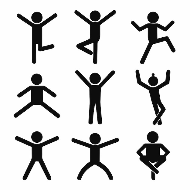 a collection of simplified black stickfigure icons representing various dynamic poses and gestures