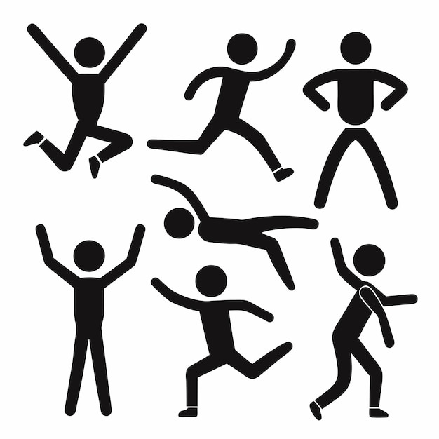 a collection of simplified black stickfigure icons representing various dynamic poses and gestures