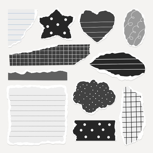 a collection of torn paper notes with various shapes like star heart and cloud torn paper with lines grids and polka dots torn paper for creative designs gray element vector set