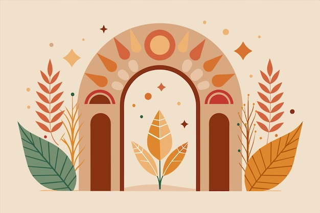 a collection of trees and a building with a circle of leaves on the front