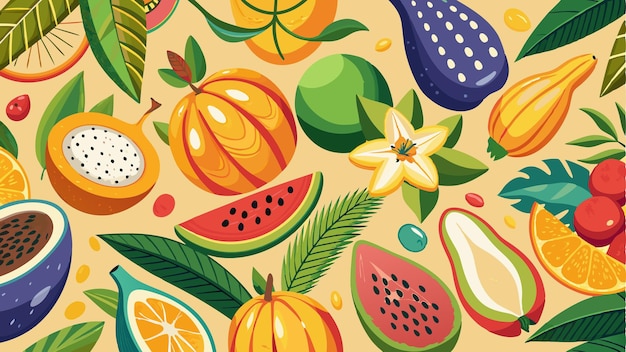 a colorful background with fruits and vegetables and a picture of a fruit