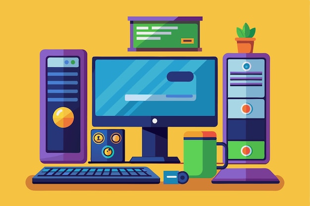 A colorful cartoon drawing features a modern desktop computer setup with customizable elements Modern desktop computer Customizable Cartoon Illustration