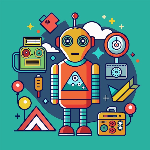 a colorful cartoon of a robot with many things around it