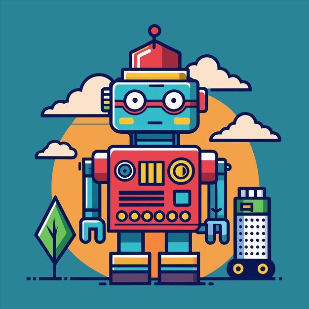 a colorful cartoon of robot with a cloud in the background