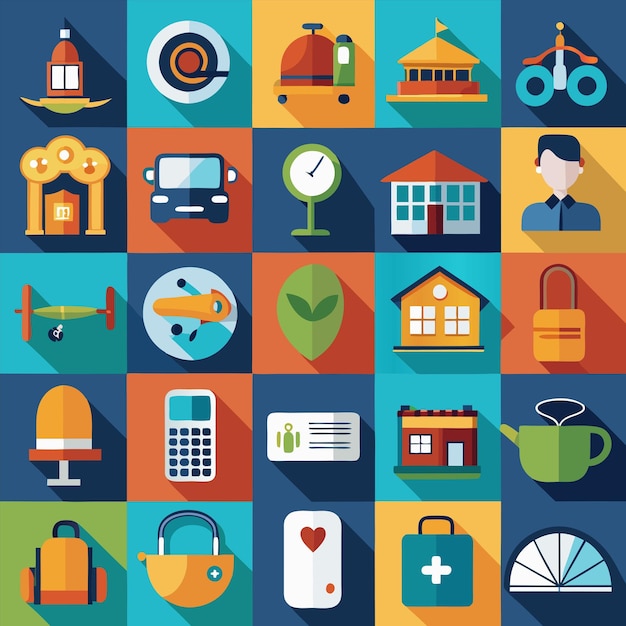a colorful collection of icons including a blue background with a picture of a house and a sign that
