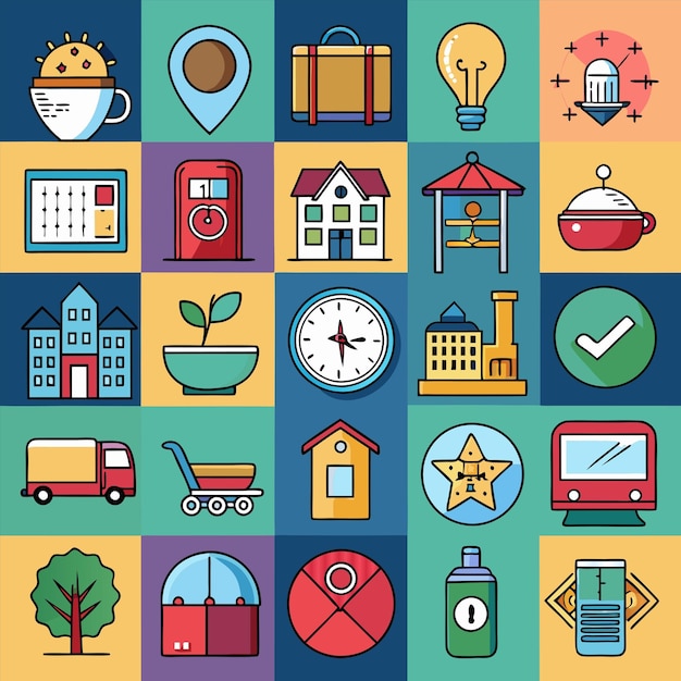 a colorful collection of icons including a clock a clock and a building with a blue background