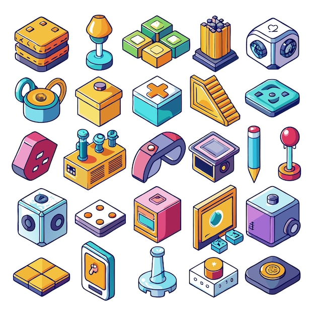 A colorful collection of isometric icons representing various objects and concepts