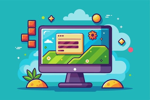 A colorful computer display shows a game loading screen with playful graphics and animations Illustration of a computer display with a game loading
