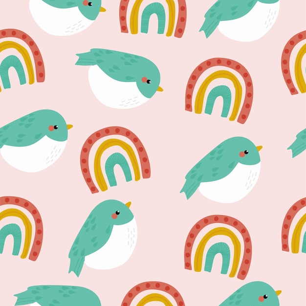 A colorful delicate seamless pattern background with birds and rainbows