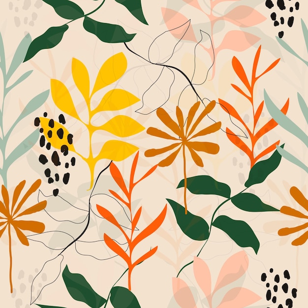 A colorful floral pattern with leaves and flowers.