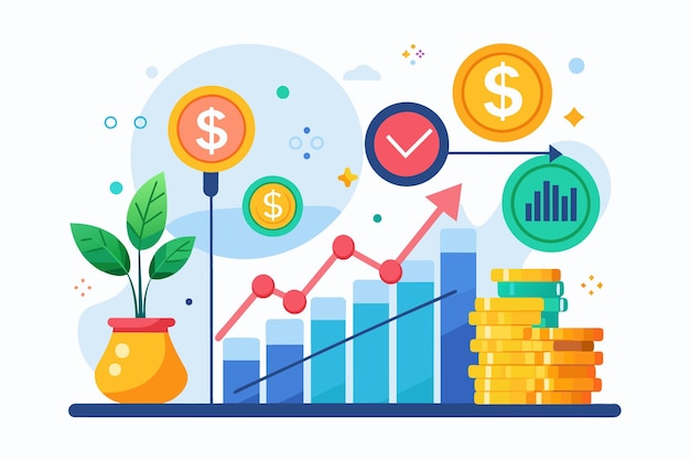 A colorful illustration depicting financial growth represented by a bar chart an upward arrow stacks of coins and a plant growing in a pot