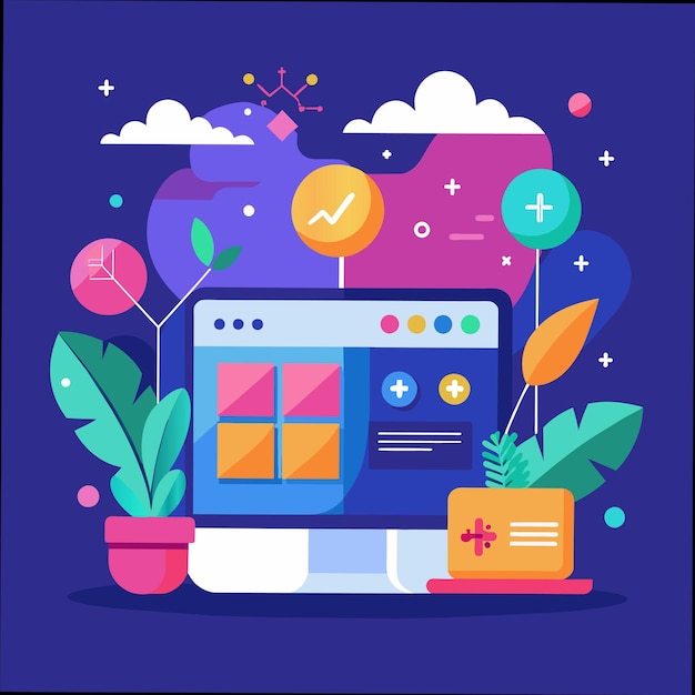 a colorful illustration of a computer with a blue background with a colorful design