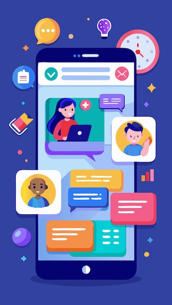 a colorful illustration of a person using a laptop with a woman on the screen
