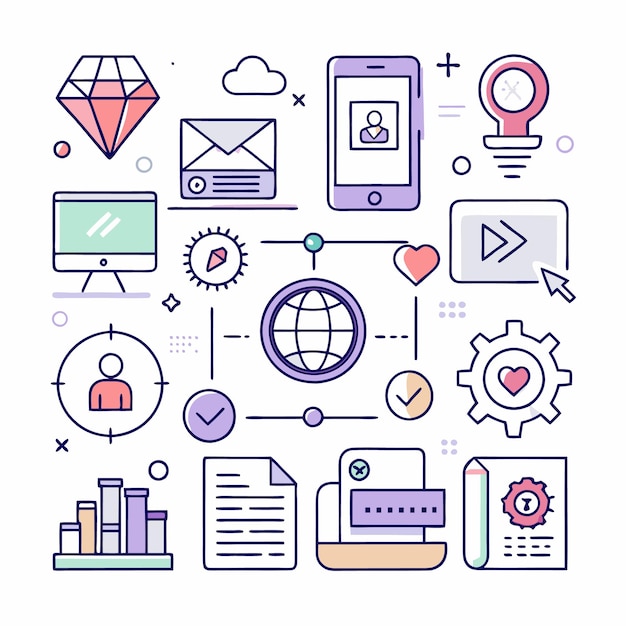 A colorful illustration of various icons related to business and technology