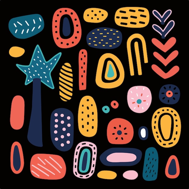 A colorful pattern featuring various geometric shapes on a black background