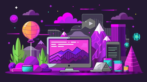 a colorful picture of a computer with a mountain in the background