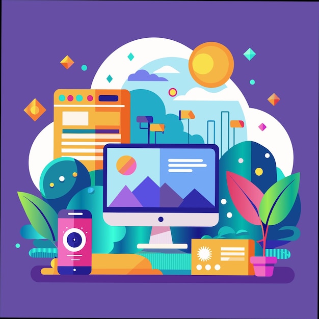 a colorful picture of a computer with a purple background with a picture of a plant and a laptop