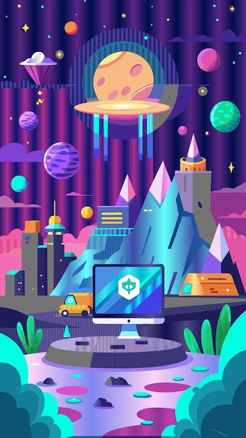 a colorful poster with a car and a mountain in the background