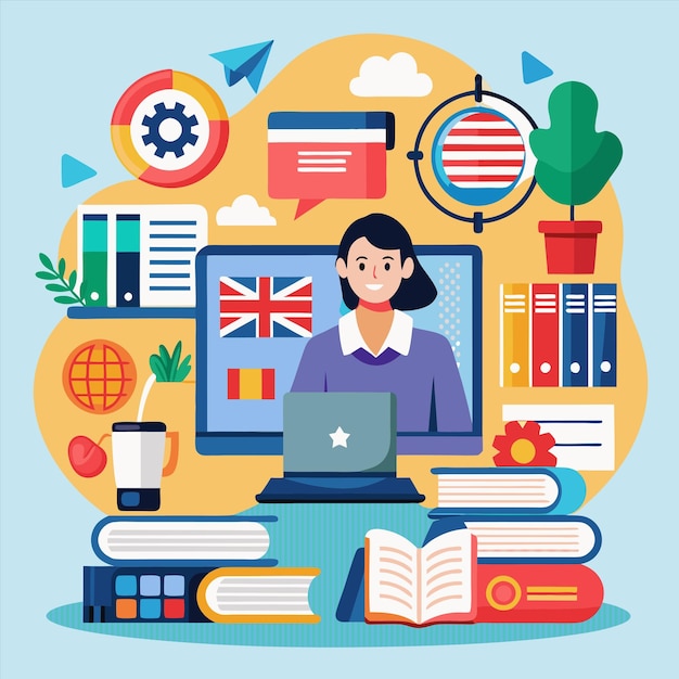 a colorful poster with a woman working on a computer with many things around her