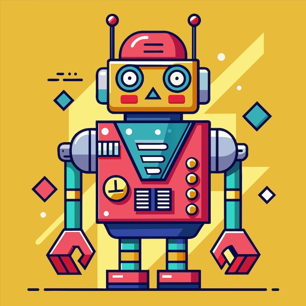 a colorful robot with a red and blue face and a yellow background