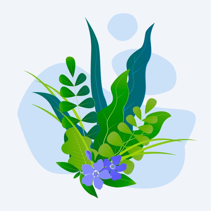 Vektör a colorful vector illustration of a green plant with blue periwinkle flowers and leaves
