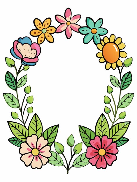 a colorful wreath with flowers and leaves and a circle