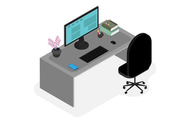 A computer desk with a black chair and a book.