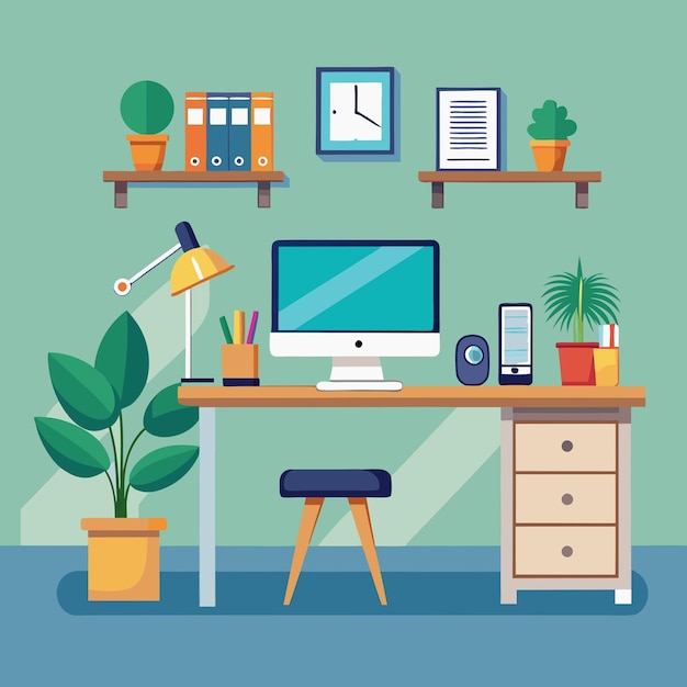 a computer desk with a computer and a plant on it
