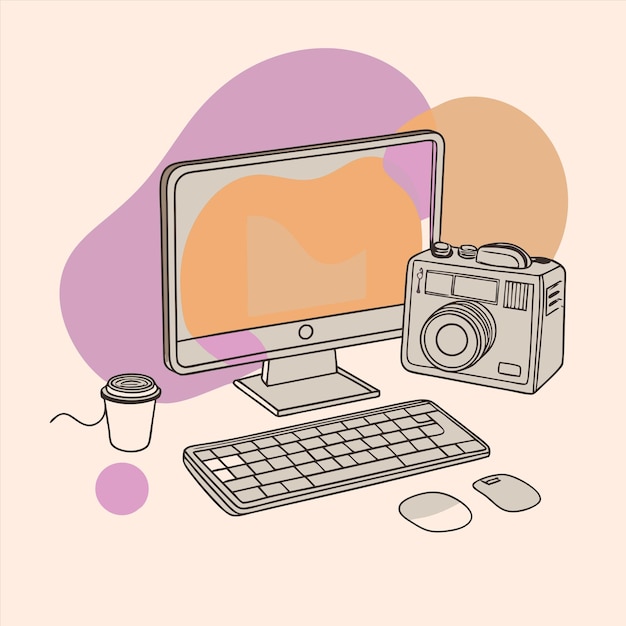 a computer monitor and a cup of coffee are on a table
