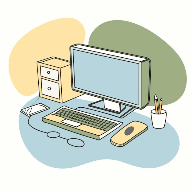a computer monitor and a pencil on a desk with a blue background