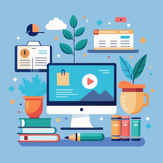 A computer screen is placed among various books and other items in a workspace setting Online courses and tutorials using computers and laptops Simple and minimalist flat Vector Illustration