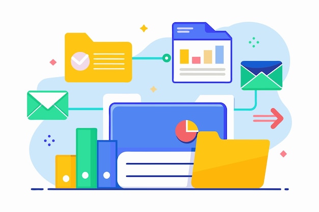 A computer screen showing a folder with various folder icons open on the desktop The activity inserts data into a folder trending Simple and minimalist flat Vector Illustration