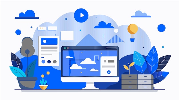 a computer screen with a blue background with a blue sky and a few other things