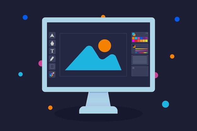 a computer screen with a graphic of a mountain image on it.